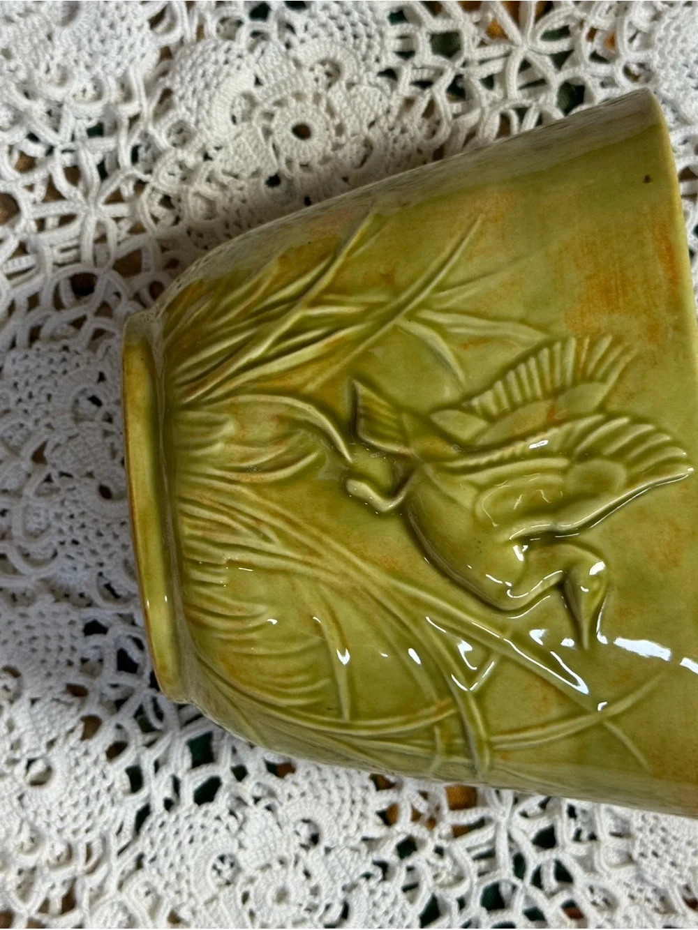 Vintage Yellow-Green Ceramic Bird Relief Planter
